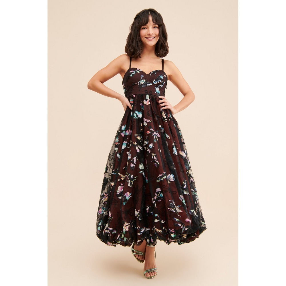 Anthropologie Geisha Designs Butterfly Applique Midi Dress Wine Medium